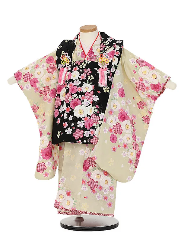 七五三(3歳女 被布)E390ライムイエロー かのこ花×黒花