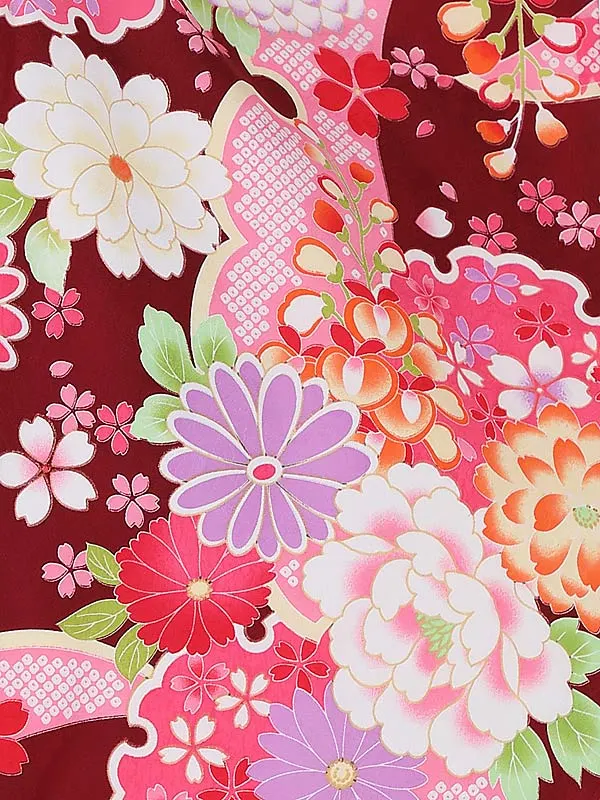 七五三(3歳女 被布)E392エンジ花×赤白花