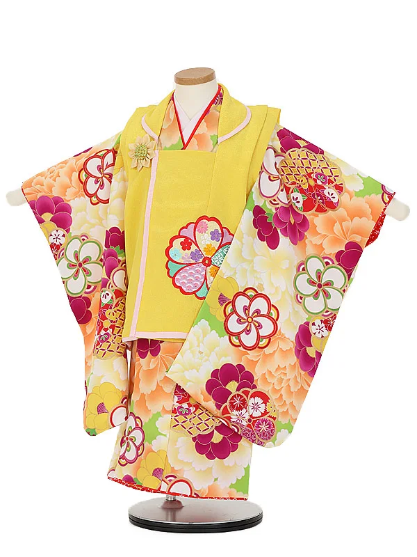 七五三(3歳女 被布)E393オレンジ黄色大輪花×黄色花刺しゅう