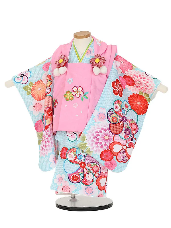 七五三(2歳女 被布)E394ブルーかのこ花×ピンク花刺しゅう