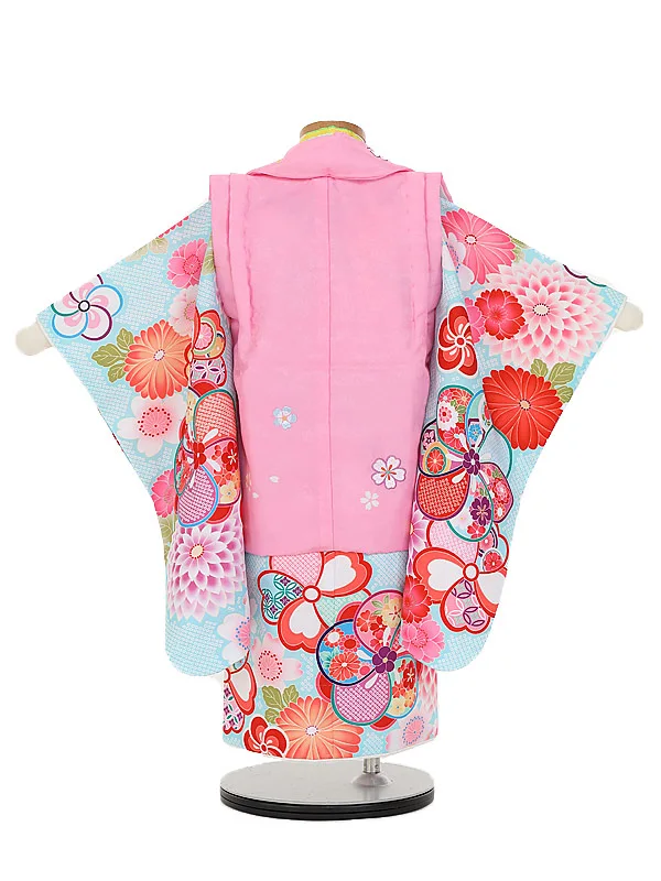 七五三(2歳女 被布)E394ブルーかのこ花×ピンク花刺しゅう