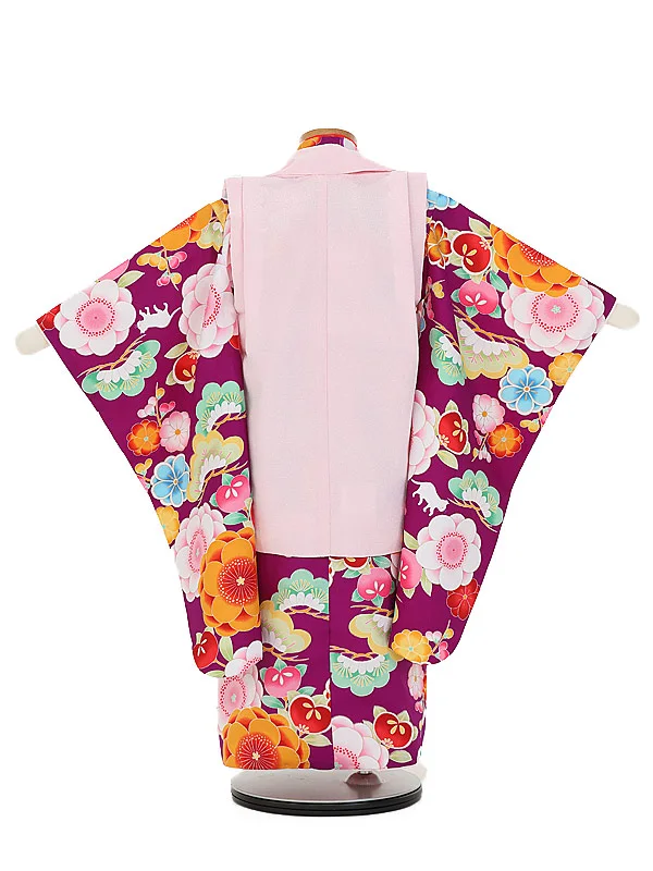 七五三(3歳女 被布)E397紫花×ピンク花刺しゅう