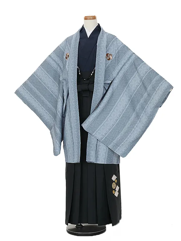 小学校 卒業式 男の子 袴 9044 ブルーグレー縞モダン×黒緑刺しゅう