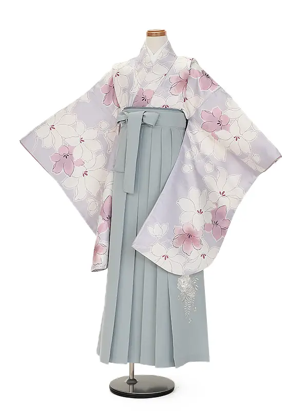 小学生卒業式かんたん袴(女の子) 9083薄紫花×薄ブルーグレー花刺しゅう