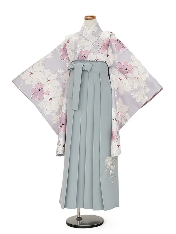 小学生卒業式かんたん袴(女の子) 9083薄紫花×薄ブルーグレー花刺しゅう