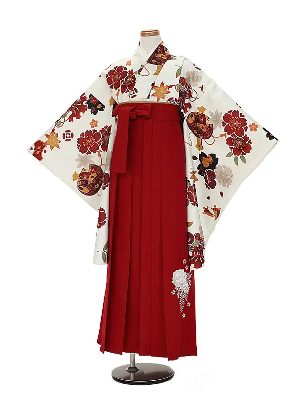 小学生卒業式かんたん袴(女の子) 9084白アイボリー桜宝尽くし×エンジ花