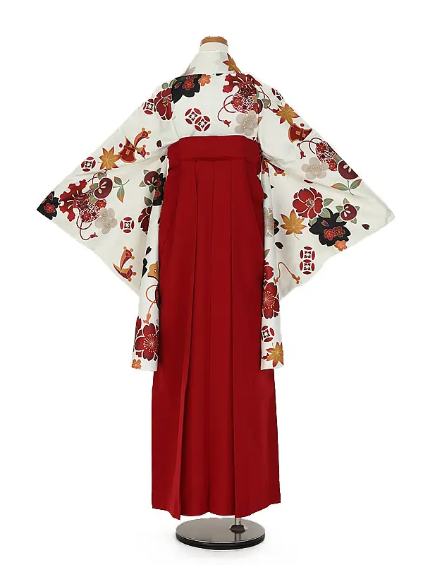 小学生卒業式かんたん袴(女の子) 9084白アイボリー桜宝尽くし×エンジ花