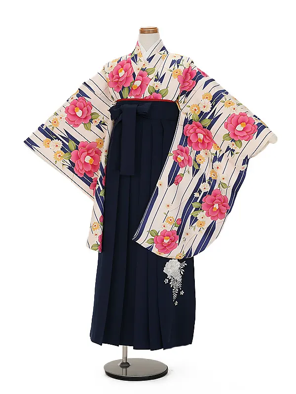 小学生卒業式かんたん袴(女の子) 9085春椿 紺矢羽根×紺花刺しゅう