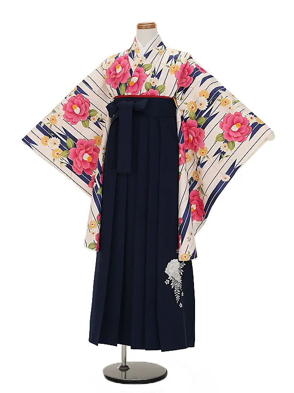 小学生卒業式かんたん袴(女の子) 9085春椿 紺矢羽根×紺花刺しゅう