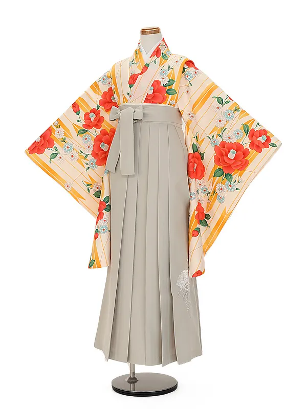 小学生卒業式かんたん袴(女の子) 9086春椿オレンジ矢羽根×ベージュ花刺しゅう