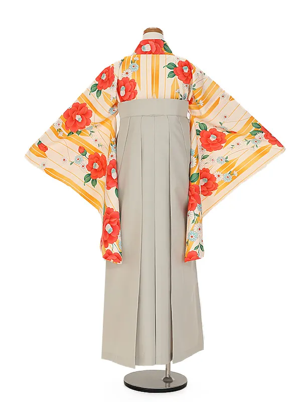 小学生卒業式かんたん袴(女の子) 9086春椿オレンジ矢羽根×ベージュ花刺しゅう
