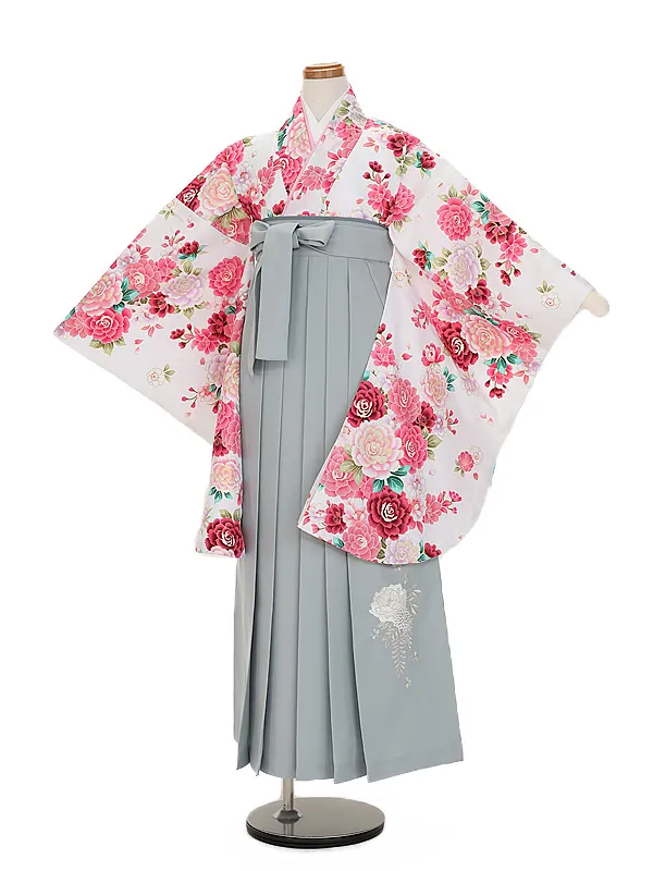 小学生卒業式かんたん袴(女の子) 9087白バラ×薄ブルーグレー花刺しゅう