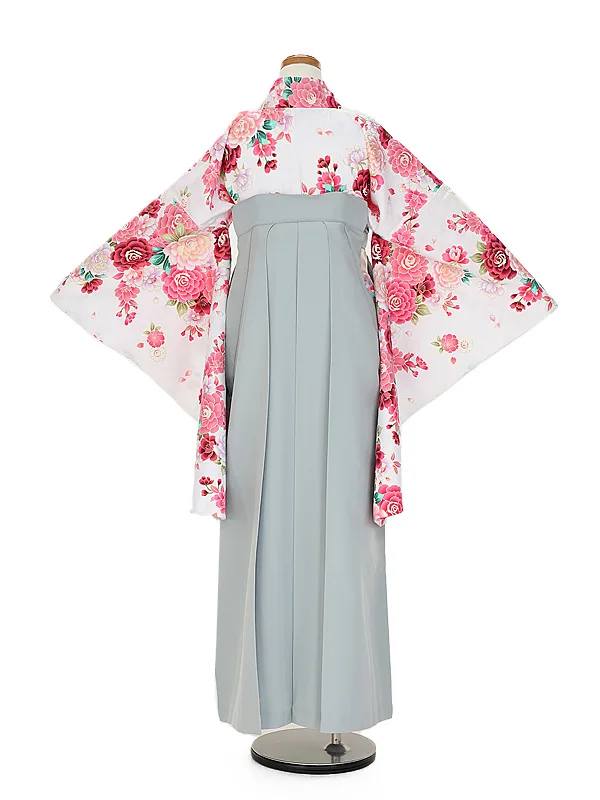 小学生卒業式かんたん袴(女の子) 9087白バラ×薄ブルーグレー花刺しゅう