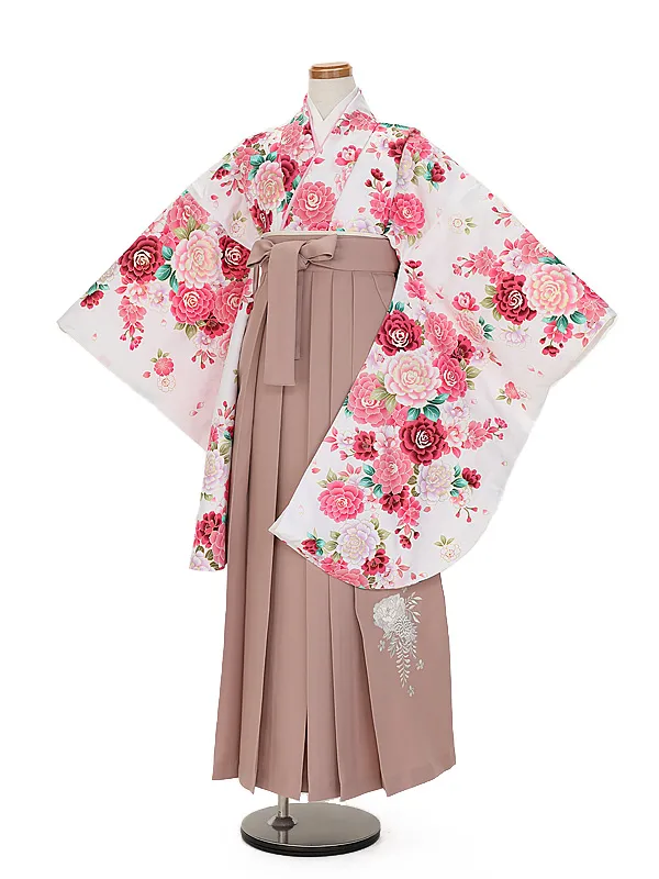 小学生卒業式かんたん袴(女の子) 9088白バラ×モーヴピンク花刺しゅう