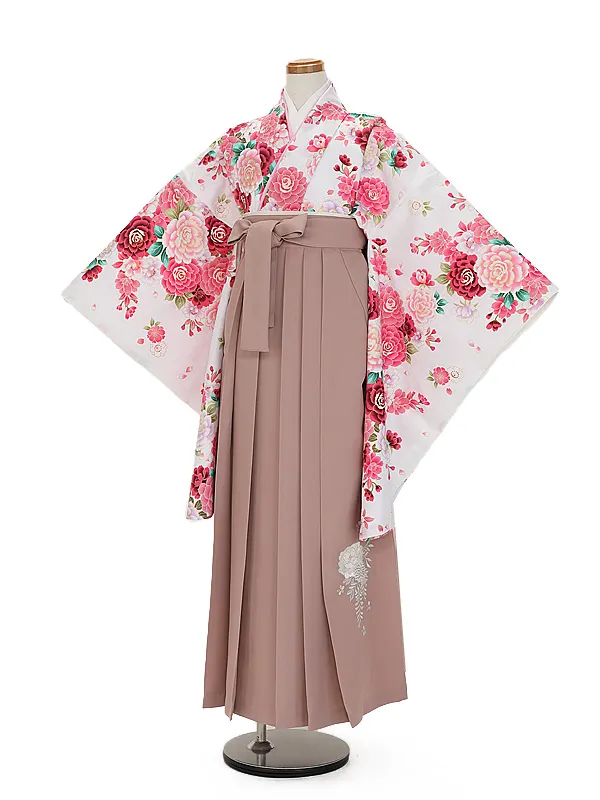 小学生卒業式かんたん袴(女の子) 9088白バラ×モーヴピンク花刺しゅう