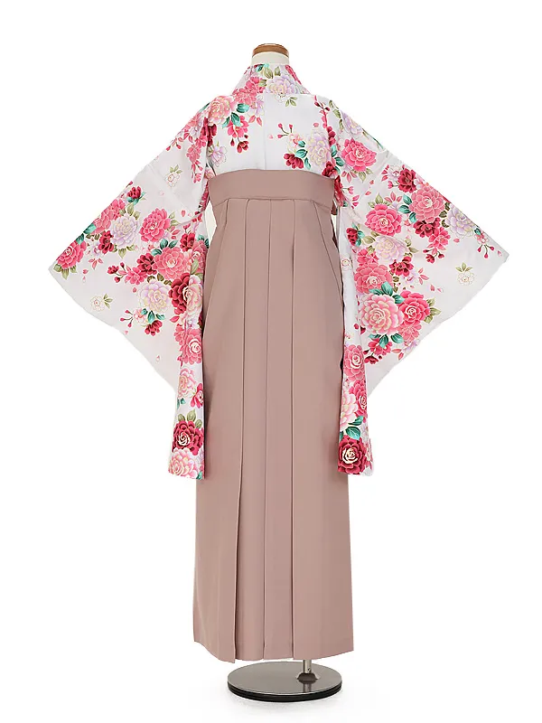 小学生卒業式かんたん袴(女の子) 9088白バラ×モーヴピンク花刺しゅう