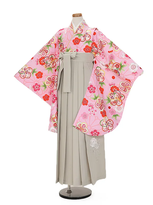 小学生卒業式かんたん袴(女の子) 9089ピンクかのこ花×ベージュ花刺しゅう