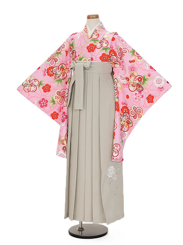 小学生卒業式かんたん袴(女の子) 9089ピンクかのこ花×ベージュ花刺しゅう