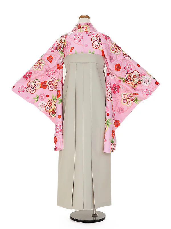 小学生卒業式かんたん袴(女の子) 9089ピンクかのこ花×ベージュ花刺しゅう
