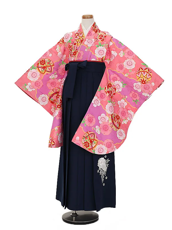 小学生卒業式かんたん袴(女の子) 9090ピンク紫まり桜×紺花刺しゅう