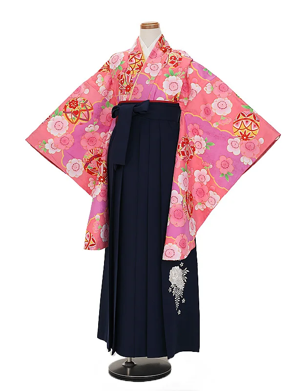 小学生卒業式かんたん袴(女の子) 9090ピンク紫まり桜×紺花刺しゅう