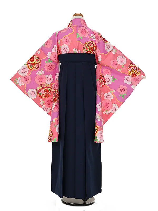 小学生卒業式かんたん袴(女の子) 9090ピンク紫まり桜×紺花刺しゅう