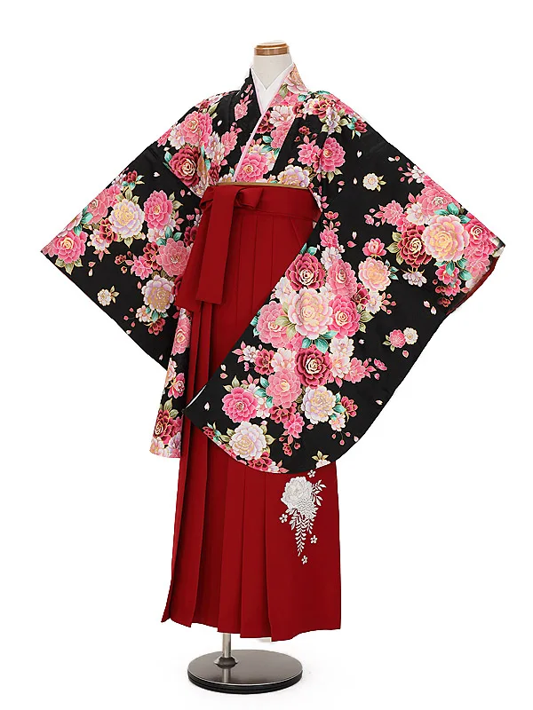 小学生卒業式かんたん袴(女の子) 9091黒地バラ×エンジ花刺しゅう