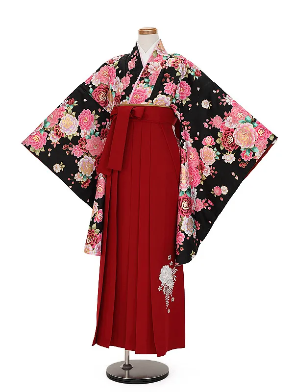 小学生卒業式かんたん袴(女の子) 9091黒地バラ×エンジ花刺しゅう