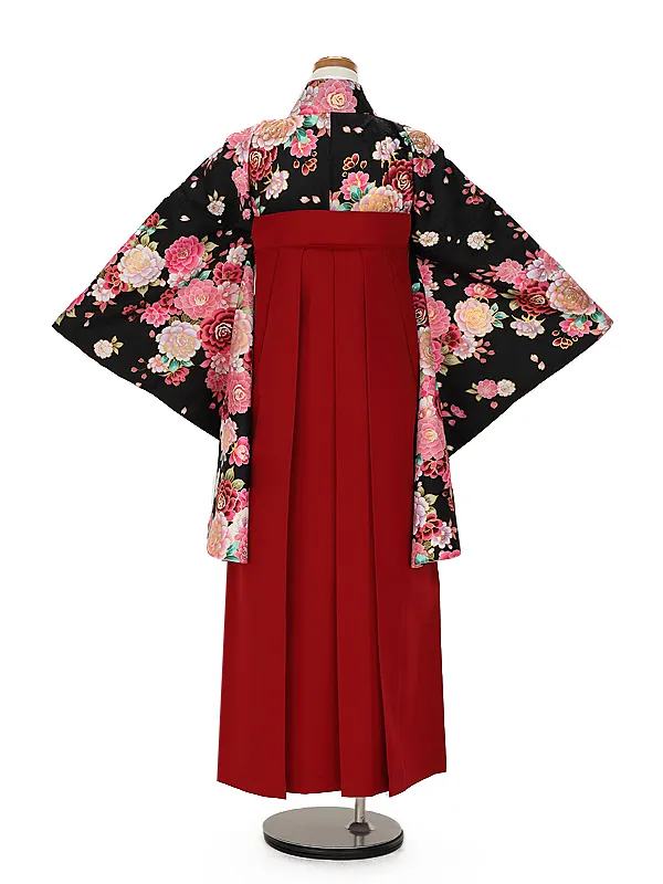 小学生卒業式かんたん袴(女の子) 9091黒地バラ×エンジ花刺しゅう