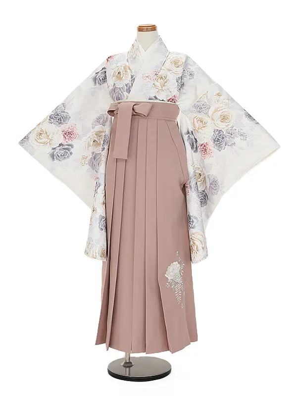 小学生卒業式かんたん袴(女の子) 9092白スモキーバラ×モーヴピンク