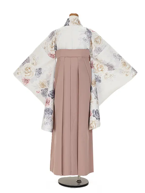 小学生卒業式かんたん袴(女の子) 9092白スモキーバラ×モーヴピンク