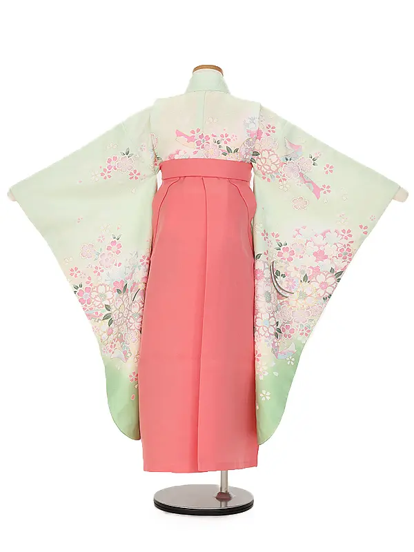 女児袴レンタル(7歳)7185 うすグリーンぼかし花桜まり×ピンク花刺しゅう