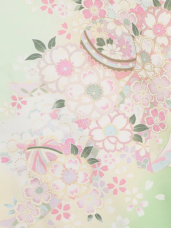 女児袴レンタル(7歳)7185 うすグリーンぼかし花桜まり×ピンク花刺しゅう