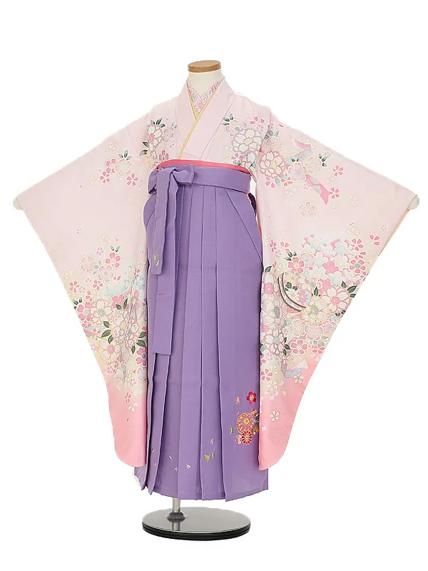 女児袴レンタル(7歳)7186 ピンクぼかし花桜まり×うす紫花刺しゅう