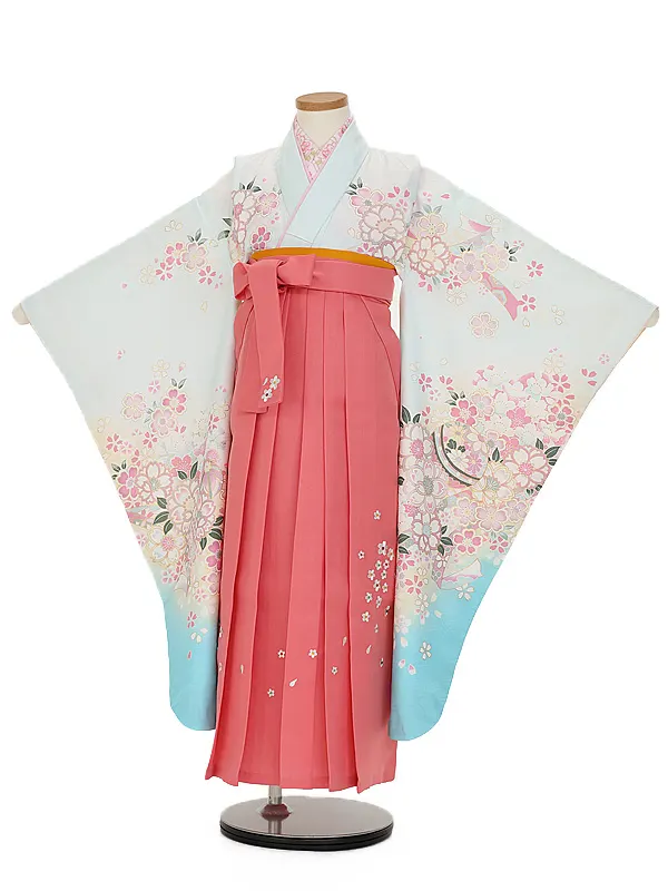 女児袴レンタル(7歳)7188  水色ぼかし花桜まり×ピンク花刺しゅう