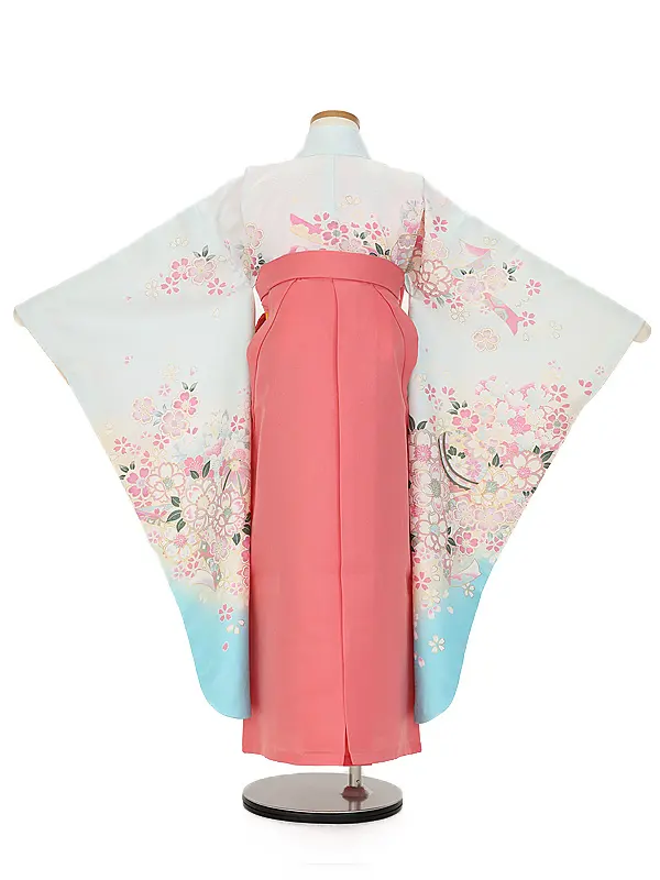 女児袴レンタル(7歳)7188  水色ぼかし花桜まり×ピンク花刺しゅう