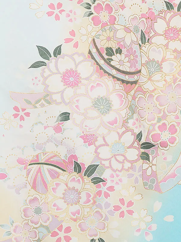 女児袴レンタル(7歳)7188  水色ぼかし花桜まり×ピンク花刺しゅう