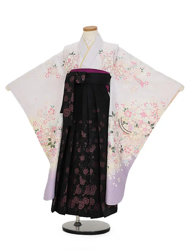女児袴レンタル(7歳)7189  ラベンダーぼかし花桜まり×黒くすみピンク花
