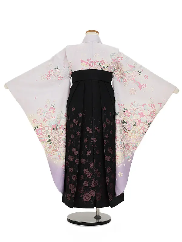 女児袴レンタル(7歳)7189  ラベンダーぼかし花桜まり×黒くすみピンク花