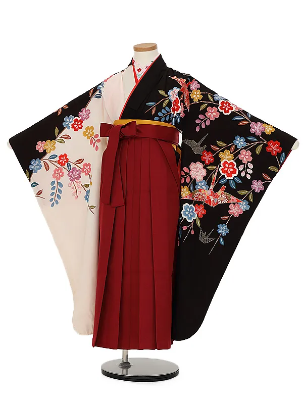 女児袴レンタル(7歳)7191  黒白しだれ桜 折り鶴×エンジ