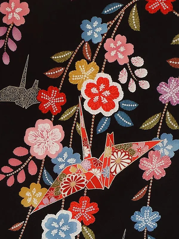 女児袴レンタル(7歳)7191  黒白しだれ桜 折り鶴×エンジ