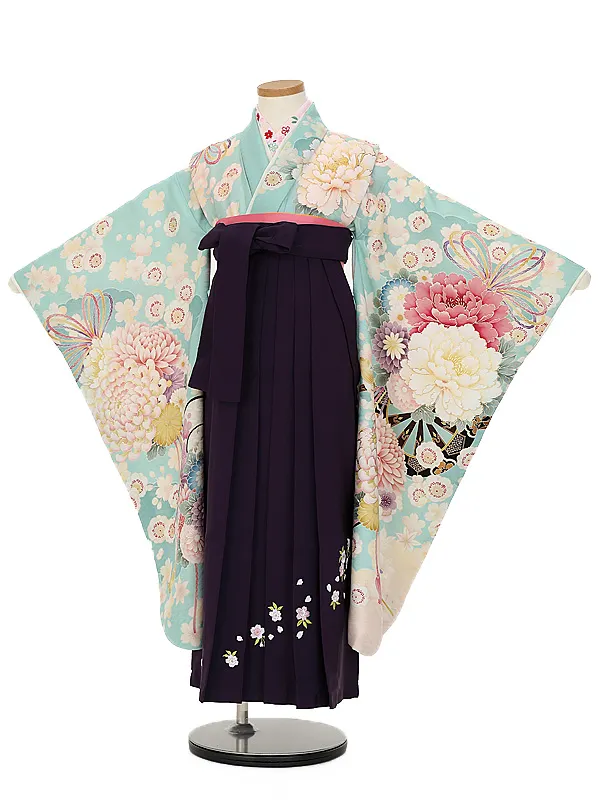 女児袴レンタル(7歳)7192  ペパーミンントブルー花車花薬玉×紫花刺しゅう