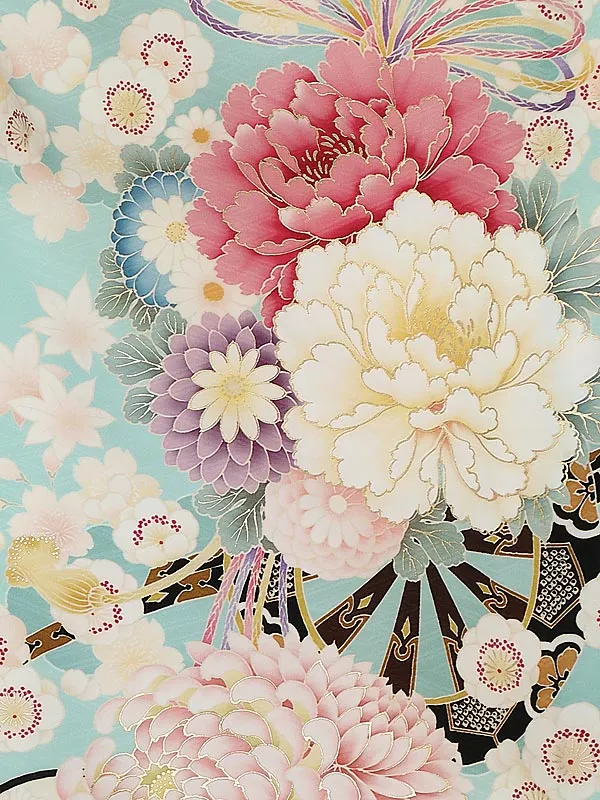 女児袴レンタル(7歳)7192  ペパーミンントブルー花車花薬玉×紫花刺しゅう