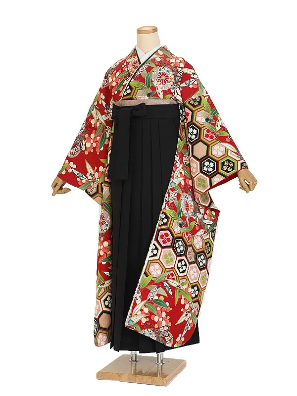 卒業式袴ﾚﾝﾀﾙ 1096 赤祝亀甲紋つづみ×黒