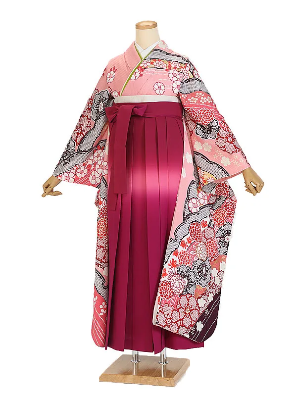 卒業式袴ﾚﾝﾀﾙ 1097 ピンクかのこ花×ローズピンクぼかし
