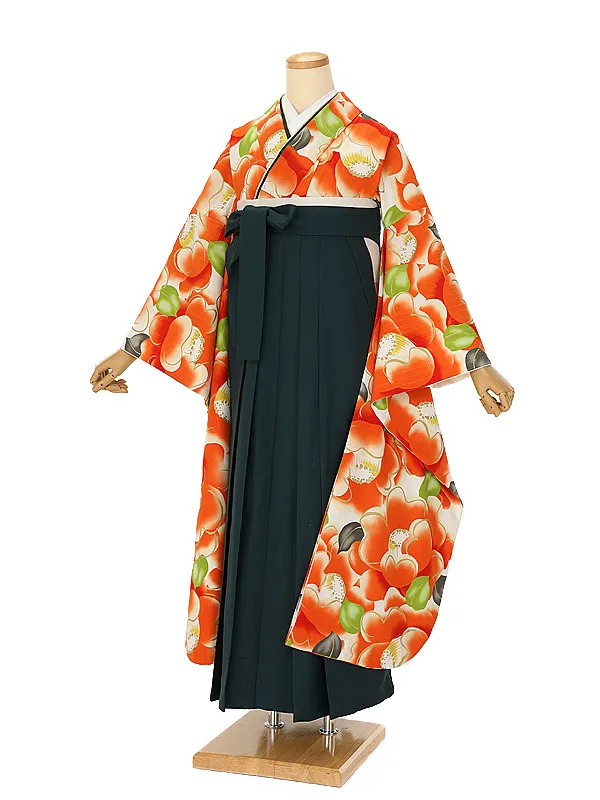 卒業式袴ﾚﾝﾀﾙ 1105 オレンジ椿×ディープグリーン