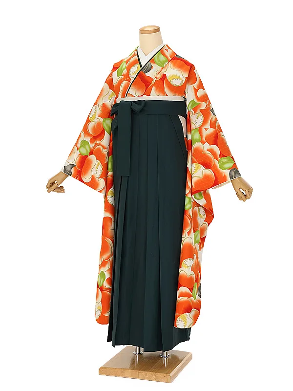 卒業式袴ﾚﾝﾀﾙ 1105 オレンジ椿×ディープグリーン