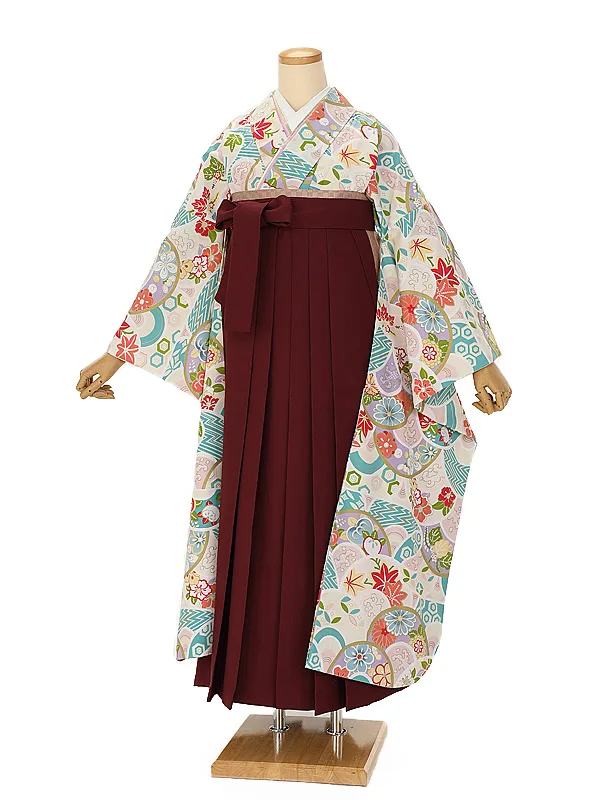 卒業式袴ﾚﾝﾀﾙ 1106 クリーム古典 四季の花×ボルドー