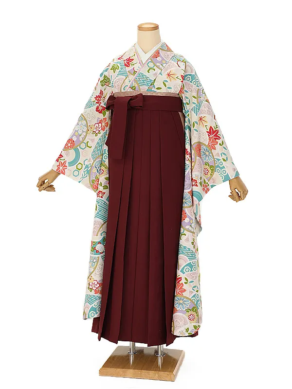 卒業式袴ﾚﾝﾀﾙ 1106 クリーム古典 四季の花×ボルドー