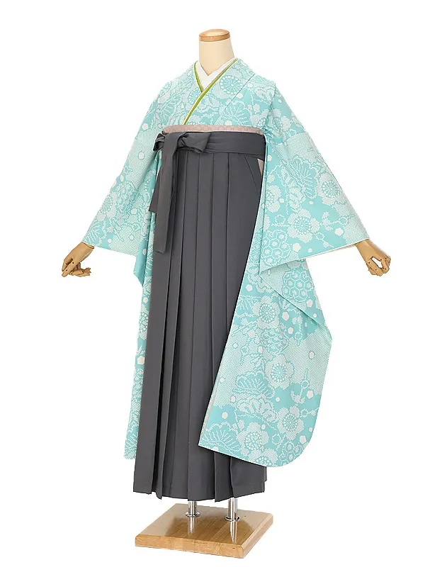 卒業式袴ﾚﾝﾀﾙ 1108  水色 かのこ柄 松竹梅×アッシュグレー